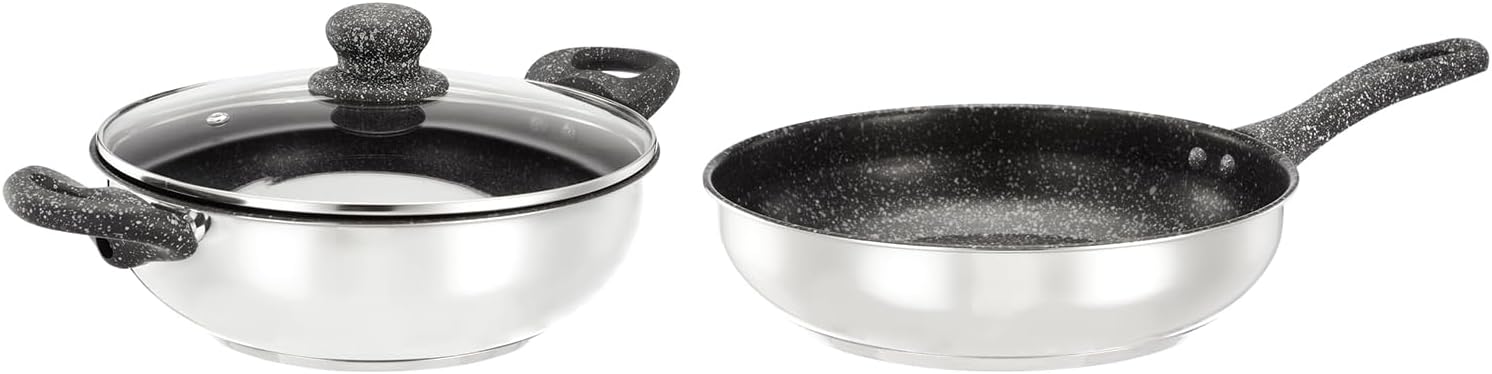 amazon basics DuraKoat 2 pcs Impact Bottom Stainless Steel with Nonstick Coating Cookware Sets (Kadai 24 cm with Glass lid and Fry Pan 24 cm)-Soft Touch Handles and Knob