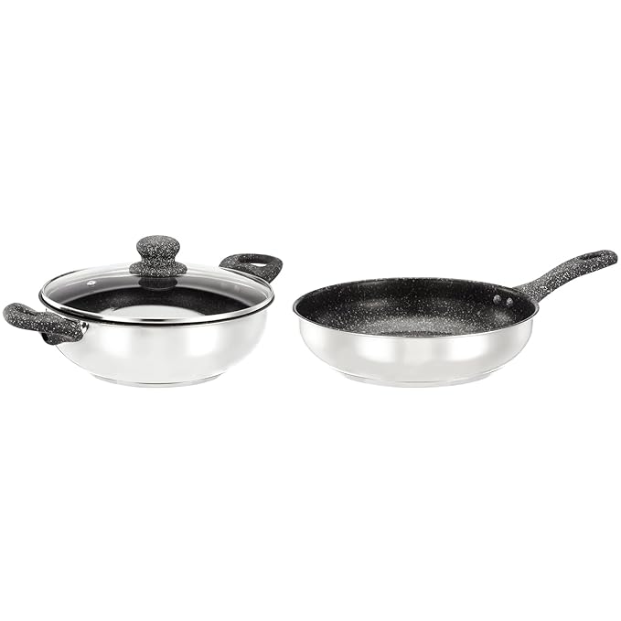 amazon basics DuraKoat 2 pcs Impact Bottom Stainless Steel with Nonstick Coating Cookware Sets (Kadai 24 cm with Glass lid and Fry Pan 24 cm)-Soft Touch Handles and Knob