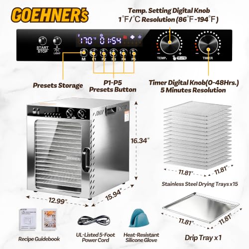 Image of Food Dehydrator for Jerky 15 Trays, 1100W Meat Dehydrator Machine Up to 194F with 5 Presets & 48H Timer, 12ft Food Dryer for Dog Treats, Herbs, Fruit and Veggies