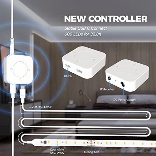 Chasing White Led Strip Lights, 6500K 32.8Ft 24V Dimmable Daylight White, 600 Leds Smd 2835, Remote & Usb C Controller, Strong Adhesive, Strip Lights For Bedroom, Wedding, Ceiling, Kitchen, Cabinet #TOP4