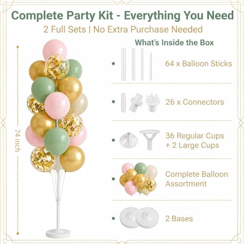 Image of Hiins Balloon Column Kit Set of 2 With Balloons Included - with Base, and Pole,Balloon Tower Backdrop Decoration for Wedding, Baby Shower, Birthday Party, or Bachelorette Parties (Sage Green Gold)
