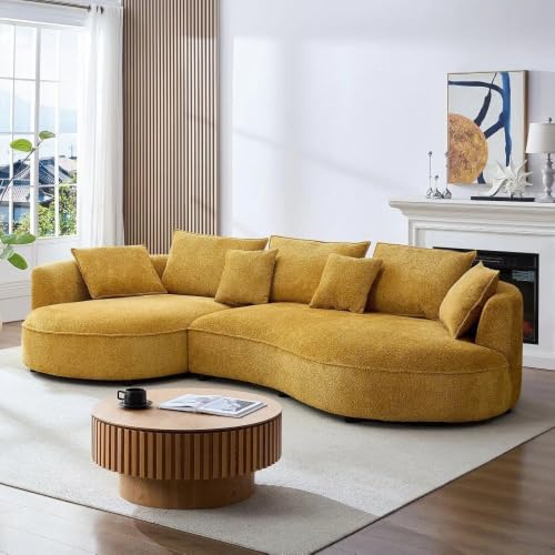 Image of Modern Curved White Sofa Couch with Plush Pillows - 4 Seater Upholstered Living Room Sofa | Contemporary Minimalist Design for Home, Office & Lounge.