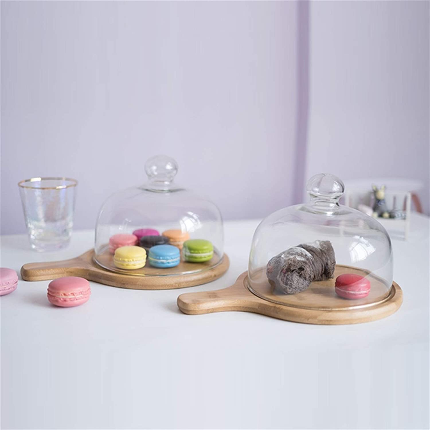 Plateau à gâteau en Bambou avec Couvercle en dôme en Acrylique Transparent et poignée de Plateau Plateau de Service Plat en Bois Présentoir à Cupcake Rond pour Fromage à Sandwich