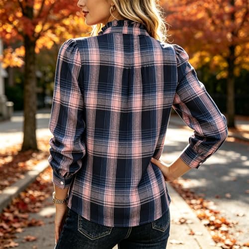 Plaid Tops for Women Dressy Casual Long Sleeve Henley Ruffle Shirt - image 7