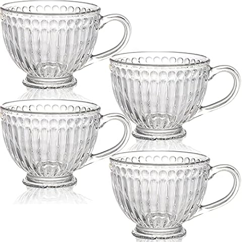 Dicunoy Set of 4 Glass Coffee Mugs, 14 oz Large Cappuccino Mugs with Handles, Jumbo Wide Mouth Big Glass Bowls for Cocoa, Milk, Coffee, Tea, Water, Latte, Cereal, Ice Cream Cover