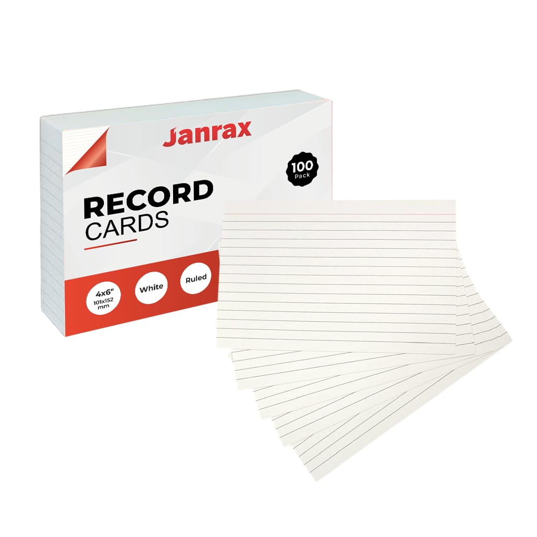 Pack of 100 White Ruled 6x4 Record Cards – Lined Study Index Cards for Notes, Revision