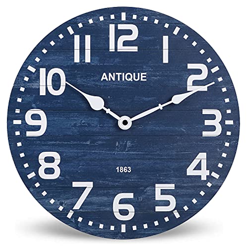 NIKKY HOME Navy Blue Rustic Wooden Wall Clock - 12 Inch Battery Operated Silent Non Ticking Farmhouse Wood Clock Home Decor for Kitchen, Living Room, Bedroom, Office