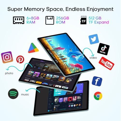 Image of 11 Inch Tablet, 14(6+8) GB&256GB Storage(Expand to 512GB) Android 13 Tablet, with 2000x1200 IPS HD Touch Screen, Dual Stereo Speakers, Dual 13+5MP Camera, 7500mAh, WiFi, GPS, Bluetooth5.0 Tablets