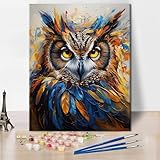 Tier Malen nach Zahlen Kit für Erwachsene Buntes Porträt einer schönen Eule mit leuchtend orangefarbenen Augen und Federn Malen nach Zahlen, Kunsthandwerk DIY Ölmalerei, 40x50 CM