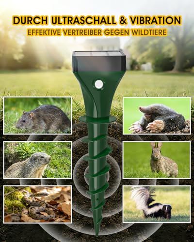 Maulwurf Vertreiber 2er Set, Maulwurfschreck Abwehr gegen Wühlmäuse, Schlangen & Nagetiere, IP65 Wasserdicht, Tiervertreiber für Garten, Rasen & Hof – Unschädlich für Haustiere