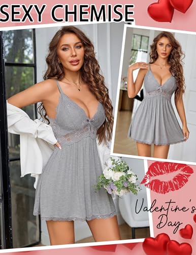 Image of Avidlove Women Chemise Night Gown Lace Modal Sleepwear V-Neck Full Slip Babydoll Lingerie Sexy Nightgowns