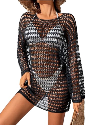 Crochet Coverups Col ras du cou robe de plage tricot noir à manches longues