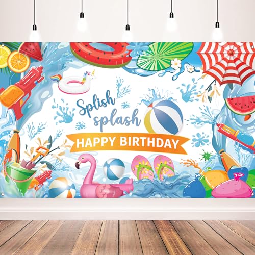 Summer Birthday Party Decorations, Splish Splash Happy Birthday Pool Party Banner, Pool Party Banner for Birthday, 71 x 43 Inches