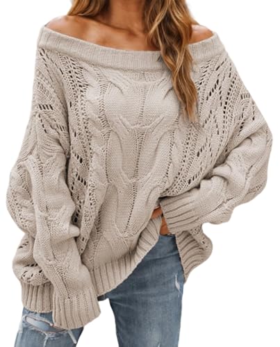 Kwunbwa Women’s Off The Shoulder Oversized Sweaters Cable Knit Pullover Tops Long Sleeve Loose Slouchy Cute Sweaters Apricot
