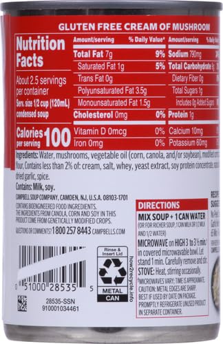 Image of Campbell's Condensed Gluten Free Cream of Mushroom Soup, 10.5 oz Can (Pack of 2)