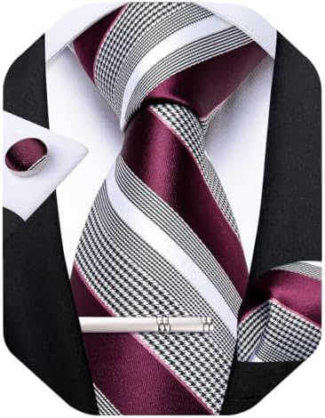 DiBanGu Mens Striped Tie Silk Woven Necktie and Pocket Square Cufflinks Tie Clip Set Wedding Business Formal Gift Tie for Men