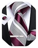 DiBanGu Mens Striped Tie Silk Woven Necktie and Pocket Square Cufflinks Tie Clip Set Wedding Business Formal, Burgundy and Grey