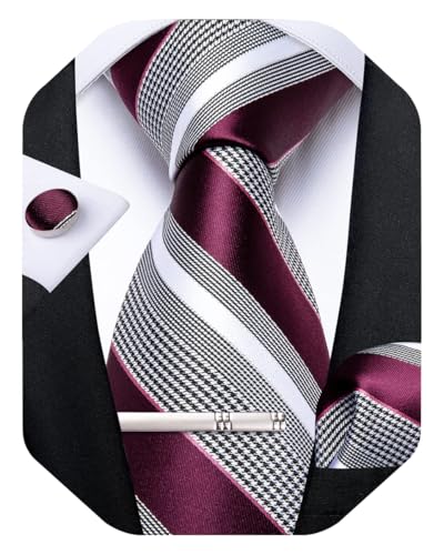 DiBanGu Mens Striped Tie Silk Woven Necktie and Pocket Square Cufflinks Tie Clip Set Wedding Business Formal, Burgundy and Grey