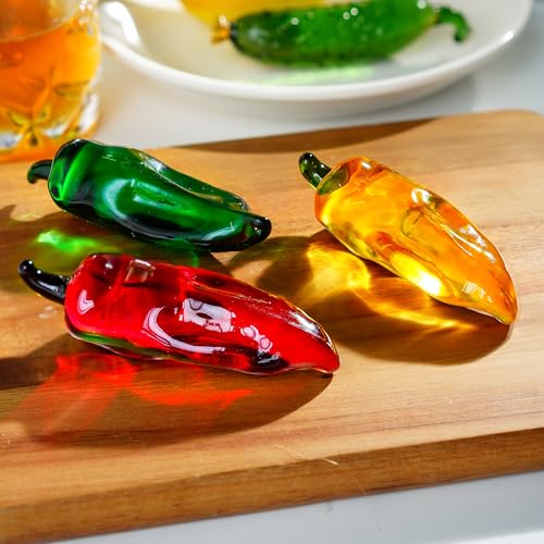 KRISININE Set of 3 Glass Chili Miniature Figurines Fall Decorations for Home Crystal Fruits Vagetables Paperweights for Kitchen Tabletop Glass Christmas Centerpiece Decor