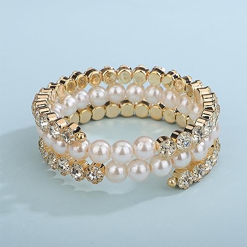 YERTTER Wedding Gold 3 Row Pearl Rhinestone Stunning Bracelet Layered Adjustable Stretch Wrap Cuff Bridals Crystal Strand Bracelet Gift for Women Brides (Gold 3)4