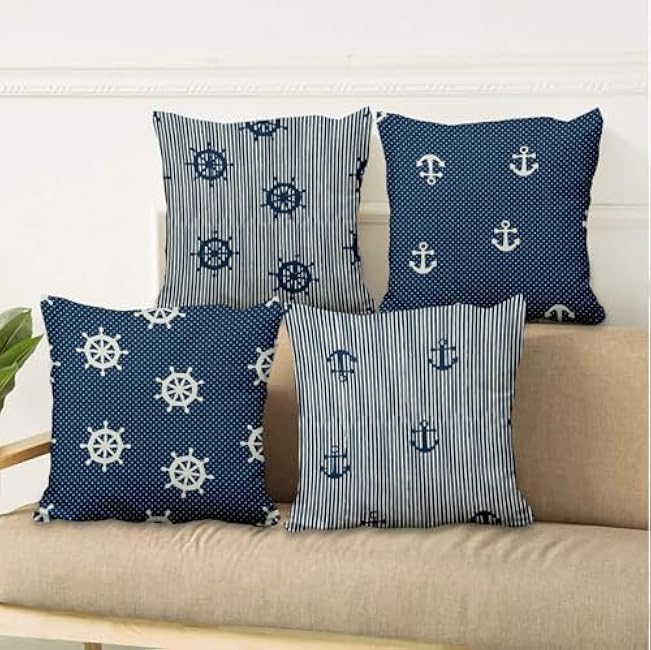 4 Pcs/Set Coastal Throw Pillow Covers Nautical Anchors Navigation Compass Navy Blue Ocean Geometric Cushion Case for Couch Sofa Bedroom, Present for Sailing Lovers, 18x18
