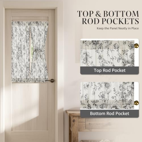 Image of jinchan Floral Sidelight Curtains for Front Door, 26x40, 2 Panels | 25% linen blend, black floral print, light filtering, rod pocket, tiebacks, washable, for front door sidelights