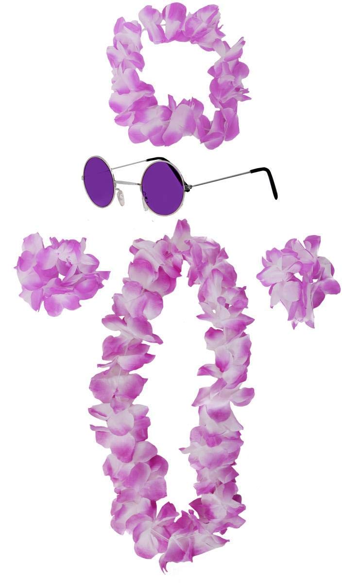 ILOVEFANCYDRESS 5 PIECE HAWAIIAN LEI WITH MATCHING SUNGLASSES COLOUR SET - PURPLE HAWAIIAN LEI, HEADBAND, BRACELETS AND PURPLE LENS ROUND SUNGLASSES