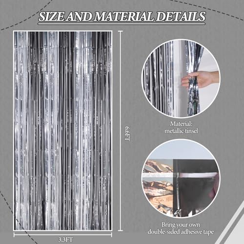 Image of DECOCKRAT 2 Pack Foil Fringe Backdrop - Black&Silver Shiny Tinsel Curtains for Party Decoration /Photo Booth Props - 3.3x6.6 FT Metallic Foil Backdrop for Birthday, Wedding, Graduation, Christmas.