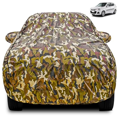 Image of FABTEC Car Body Cover for Maruti Alto k10 Jungle Print with Soft Cotton Lining Waterproof Car Cover UV & Rain Protection with Mirror Pocket Bottom Elastic (Military /Camouflage Pattern)