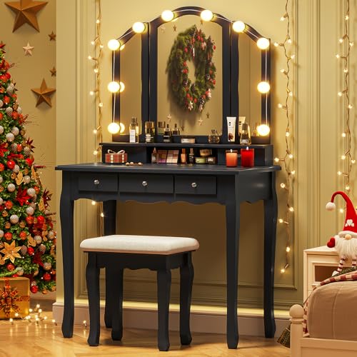 Tiptiper Makeup Vanity with Lights, Vanity Desk with 10 Light Bulbs & 3 Color Lighting Modes, Vanity...