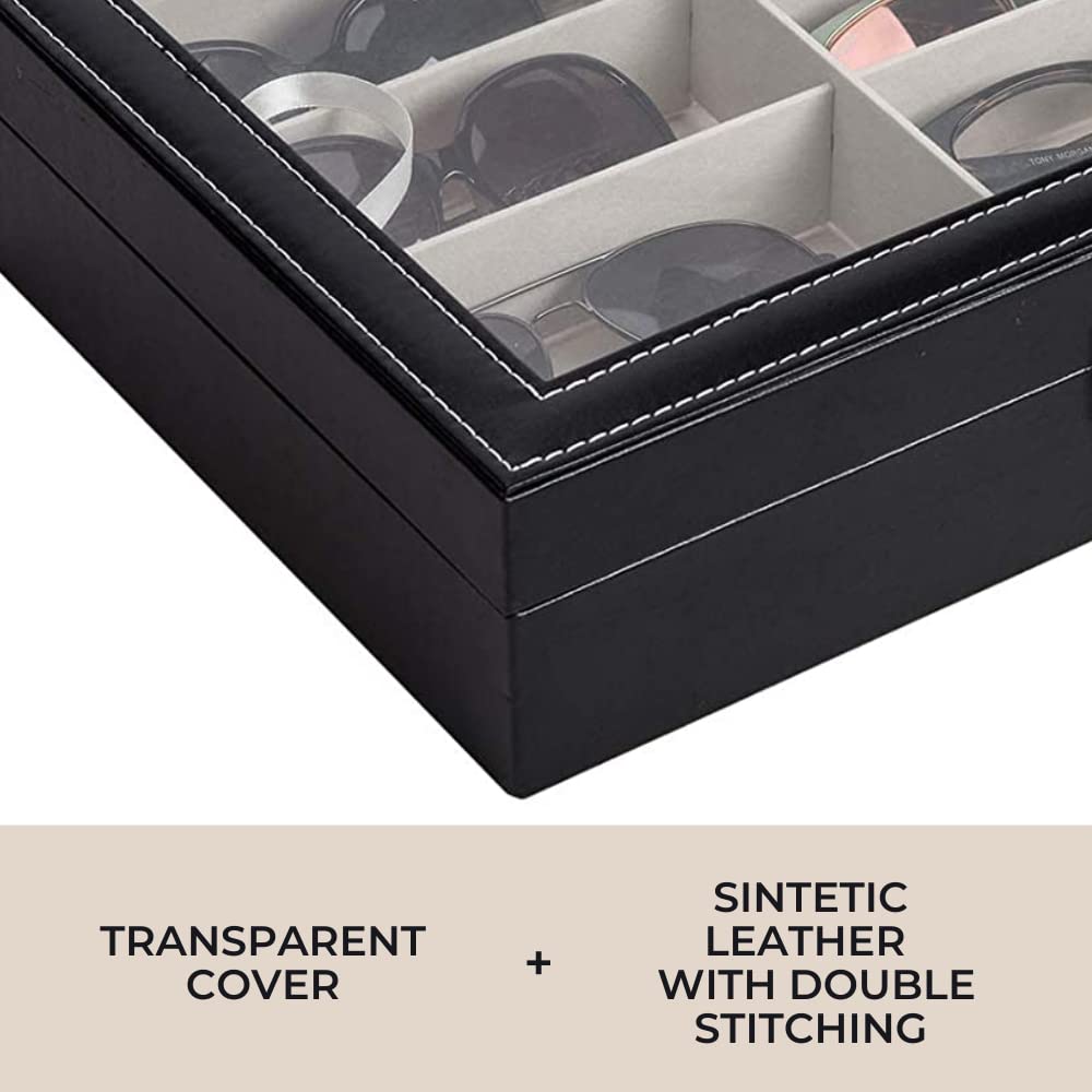 MAGIC SELECT Caja para Gafas con 8-12-18 Compartimentos, Estuche con Tapa de Cristal Transparente, Cierre con Llave, Cajón y Forro Interior, Polipiel