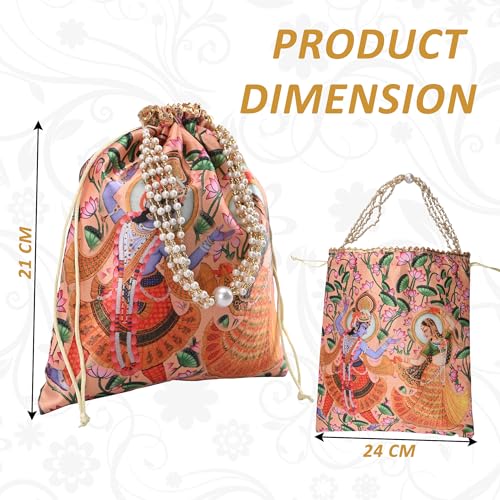 Image of Kuber Industries 2 Pcs Potli Bag For Women & Girls With Pearl Handles | 8x9 Inch Gifting Handbag /Purse - Ideal For Party, Wedding & Events | Radha Krishna Print - Peach & Green
