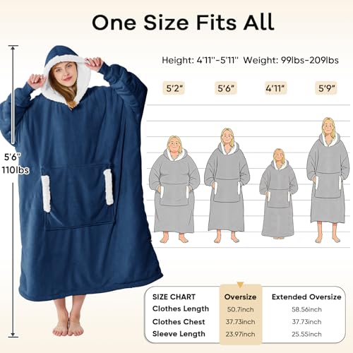 yescool Sherpa-Lined Wearable Blanket Hoodie, Navy Blue (Oversized) — view 7