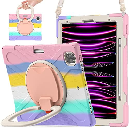 SCSVPN iPad Pro 12.9 Kids Case 6th/5th/4th/3rd Generation 2022 2021 2020 2018 with Pencil Holder/Rotating Stand/Handle Strap, Rugged Silicone Protective Cover for 12.9 inch iPad Pro (Colorful Pink)