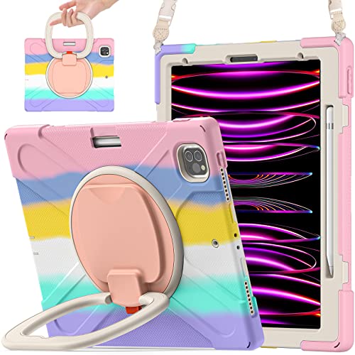 Scsvpn Ipad Pro 12.9 Kids Case 6Th/5Th/4Th/3Rd Generation 2022 2021 2020 2018 With Pencil Holder/Rotating Stand/Handle Strap, Rugged Silicone Protective Cover For 12.9 Inch Ipad Pro (Colorful Pink) #TOP27