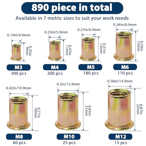 Image of Metric Rivet Nut Assortment Kit(890 Pcs), M3 M4 M5 M6 M8 M10 M12 Flat Head Rivnut Set, Zinc Plated Finish Carbon Steel Nutsert