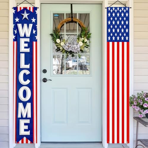 Image of BlissYard 2Pcs Patriotic Decor Welcome Door Banner 4th of July Decorations American Banners Hanging Porch Signs for Independence Memorial Day Veterans Labor Day for Yard Indoor Outdoor Supplies