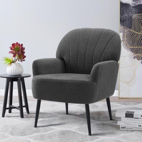 IWMH Sillón para sala de estar, silla decorativa de tela de peluche para dormitorio, silla de lectura, cómoda silla ocasional grande de mediados de siglo, patas de metal, gris oscuro