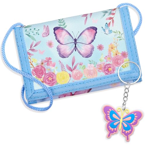 Hestya Kinder Brustbeutel - Dreifach Gefaltete Geldbörse mit Schlüsselanhänger, Portemonnaie zum Umhängen Schultüte Füllung Geschenk für Jungen & Mädchen (Blau Schmetterling)