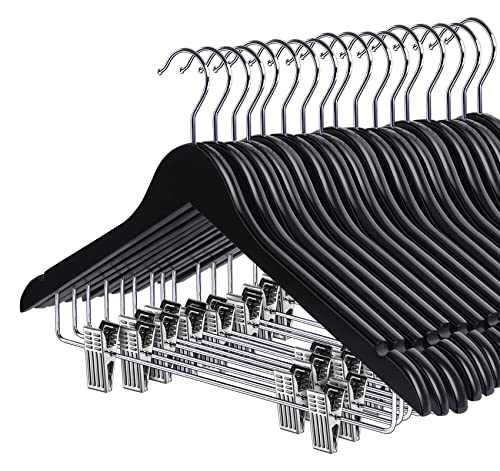 Houísm Wooden Suit Hangers Skirt Hangers With Clips, 16Pack Solid Wood Pants Hangers With Heavy-Duty Clips, Premium Smooth Finish Black Wooden Hangers For Clothes Coat, Jeans, Blouse #TOP4