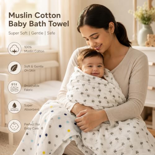 Image of Organic Cotton Muslin Pack of 2 Baby Bath Towel Cotton Cloth Premium Baby Washable, Reusable, Absorbent, Extra Soft 120 X 120 Cm Multi Dot & Cocount
