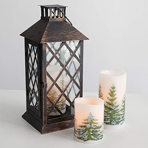 Image of Eldnacele Green Tree Christmas Decor Flameless Flickering Candles with Automatical Daily Timers, Battery Operated LED Candles Real Wax Decals Pack 3 Tiered Pillars 3 x 4 5 6 Inches