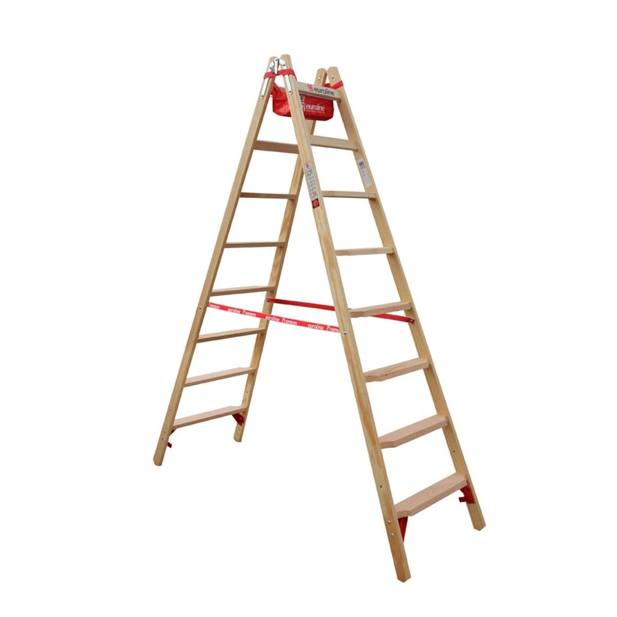 Euroline Holz Comfort-Stufenstehleiter mit Eimerhaken und Werkzeugablagetasche Nr. 10577-2x8