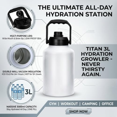 Image of Insulated Water Bottle 3000ml, Hot Water Bottle, Thermosteel Water Bottles for Travel, Home, Office, School, Gym, Adults, ISI Certified Water Bottle 12+ Hr Hot and 18+ Hr Cold, White