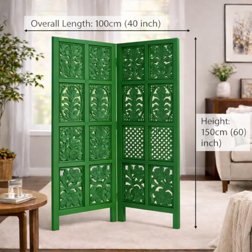 Image of Wooden Room Divider | MDF Privacy Screen Partition | Freestanding Folding Floor Panel | Decorative Carved Handicraft Separator for Living Room, Bedroom & Office (Green, 5 feet 2 Panels)