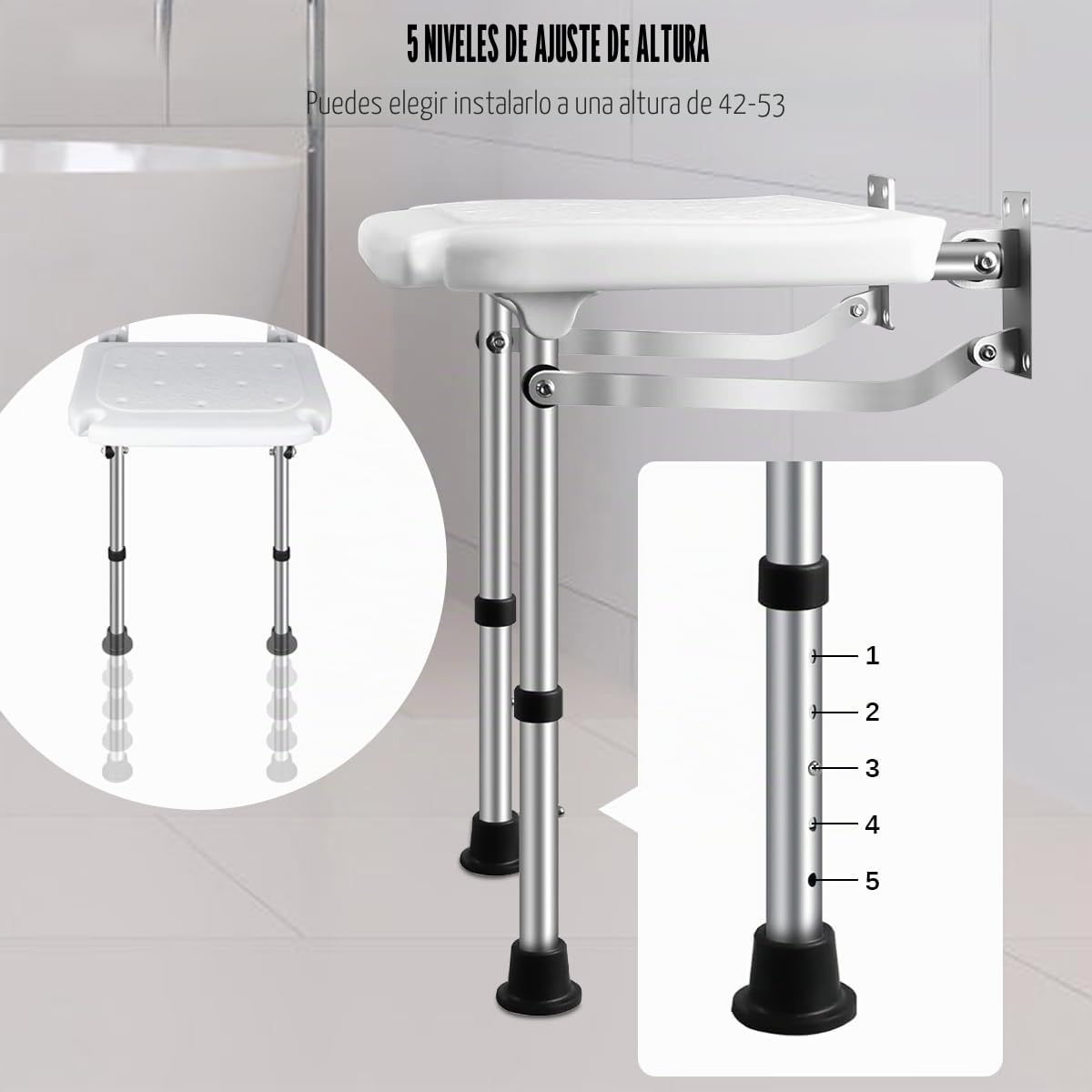 Silla de Ducha Plegable, Asiento de Ducha para Montaje en Pared, hasta 180 KG, Asiento de Baño Regulable en Altura, Asiento con Pies de Ventosa, para Personas Mayores, Embarazadas, Discapacitados | Asiento plegable para ducha, montaje en pared, hasta 160