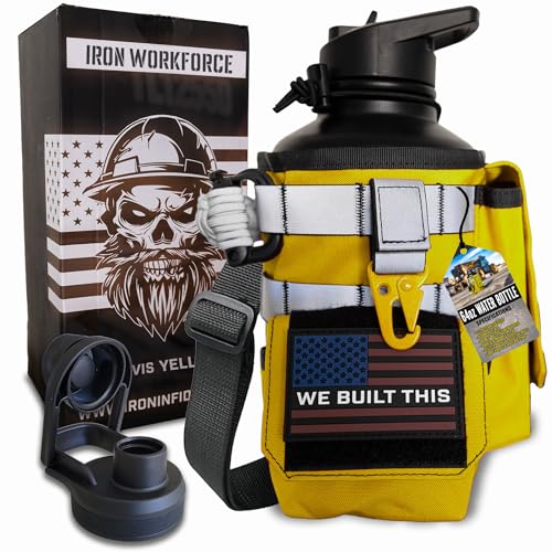 Image of Iron Infidel Workforce Water Bottle - 64 oz Insulated Stainless Steel | Half Gallon Vacuum Water Jug | Paracord Handle, Removable Sleeve | Large Thermal Flask | Hiking, Camping, Workouts (Yellow)