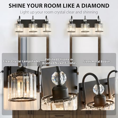 Image of Bathroom Vanity Light Fixtures Over Mirror - Makeup Lighting Black - for Modern Wall, Bath, Desk, Farmhouse, Hallway (3 Crystal Lights)