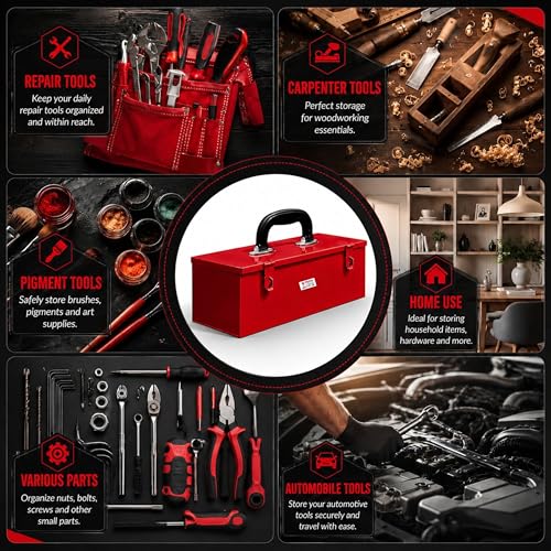 Image of PAHAL Metal Tool Box 16 x 5 x 5.5 Inch, Heavy Duty Steel Tool Storage Box for Mechanic, Electrician & Home Use (Red, Portable, Empty)