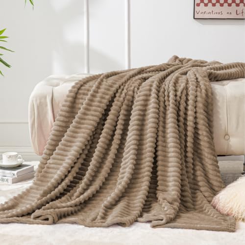 Image of BEDELITE Ribbed Jacquard Coco Brown Fleece Twin Blanket for Couch, 60 inchx80 inch